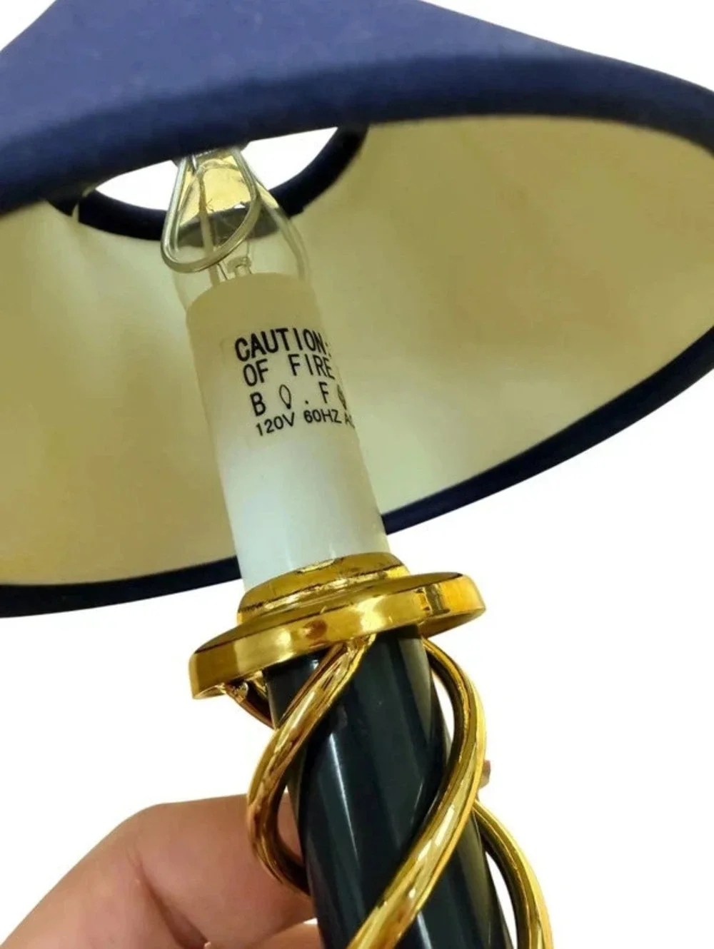 Vintage 1998 Art Deco Table Lamp Navy Blue Gold Spiral Column Fabric Shade